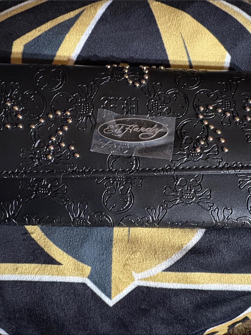 Ed Hardy Black Embossed Skull Studded Wallet